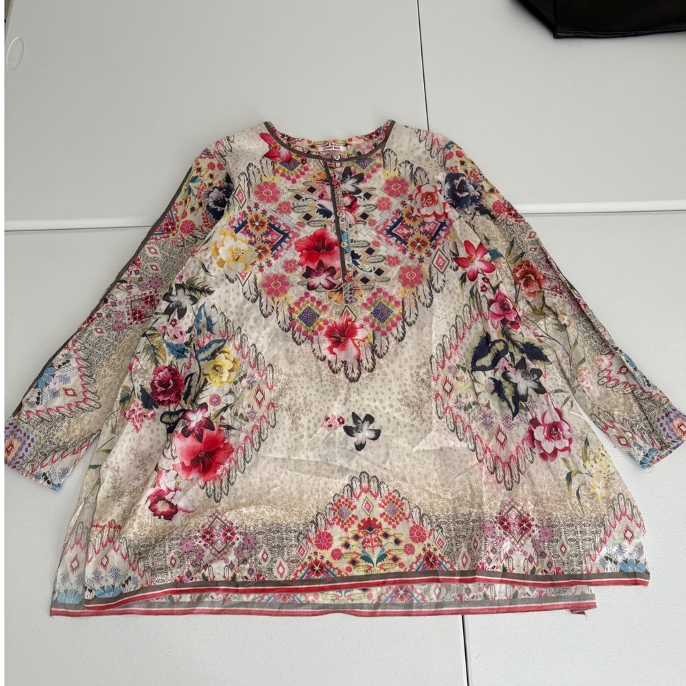 Johnny Was Floral Cotton Tunic Top Boho Long Sleeve Blouse Cream Multi Medium ww